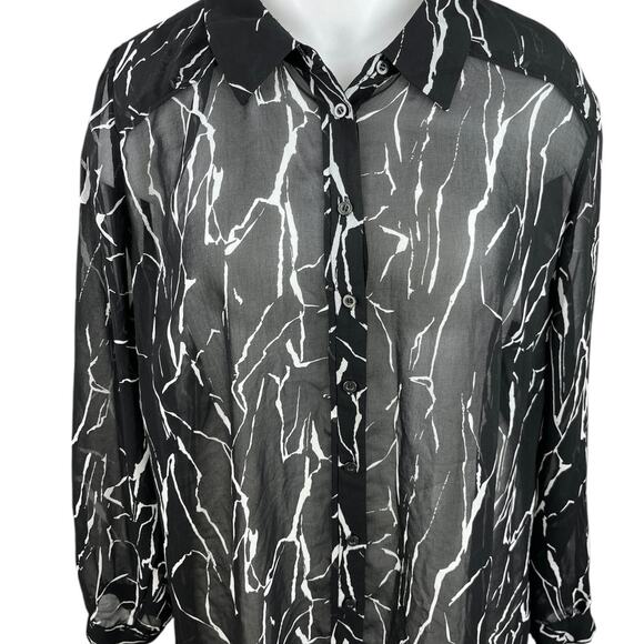 Sejour Black White Chiffon Long Sleeve Sheer Collar Button Down Shirt Top 20W - Picture 3 of 5